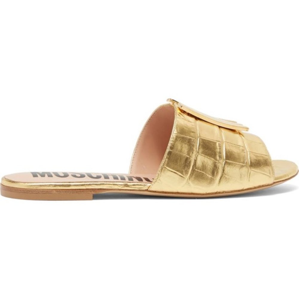 ✨ NWT Moschino Gold Croc Embossed M Logo Slide Sandals EU 37 🇮🇹 - Picture 7 of 16